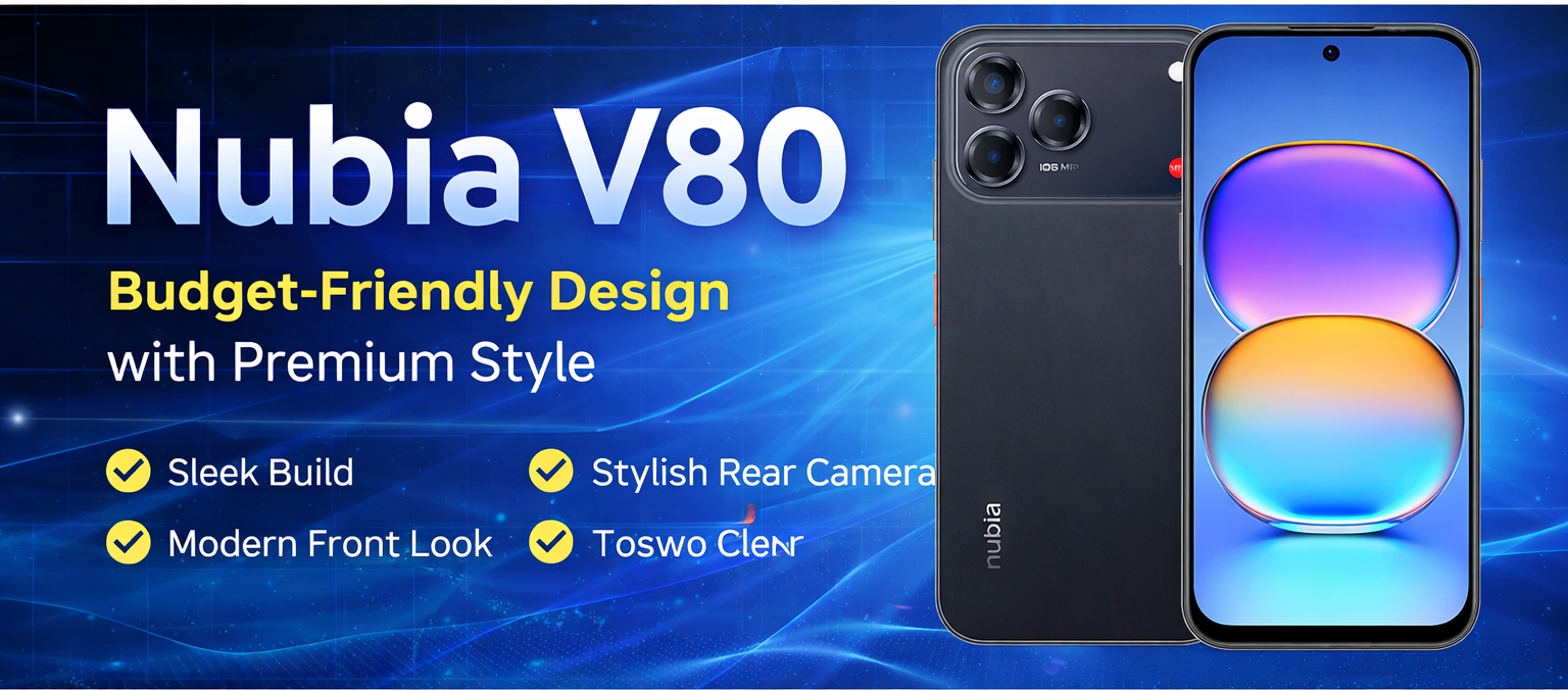 Nubia V80 smartphone banner showing front and back design with triple rear camera module and modern punch-hole display