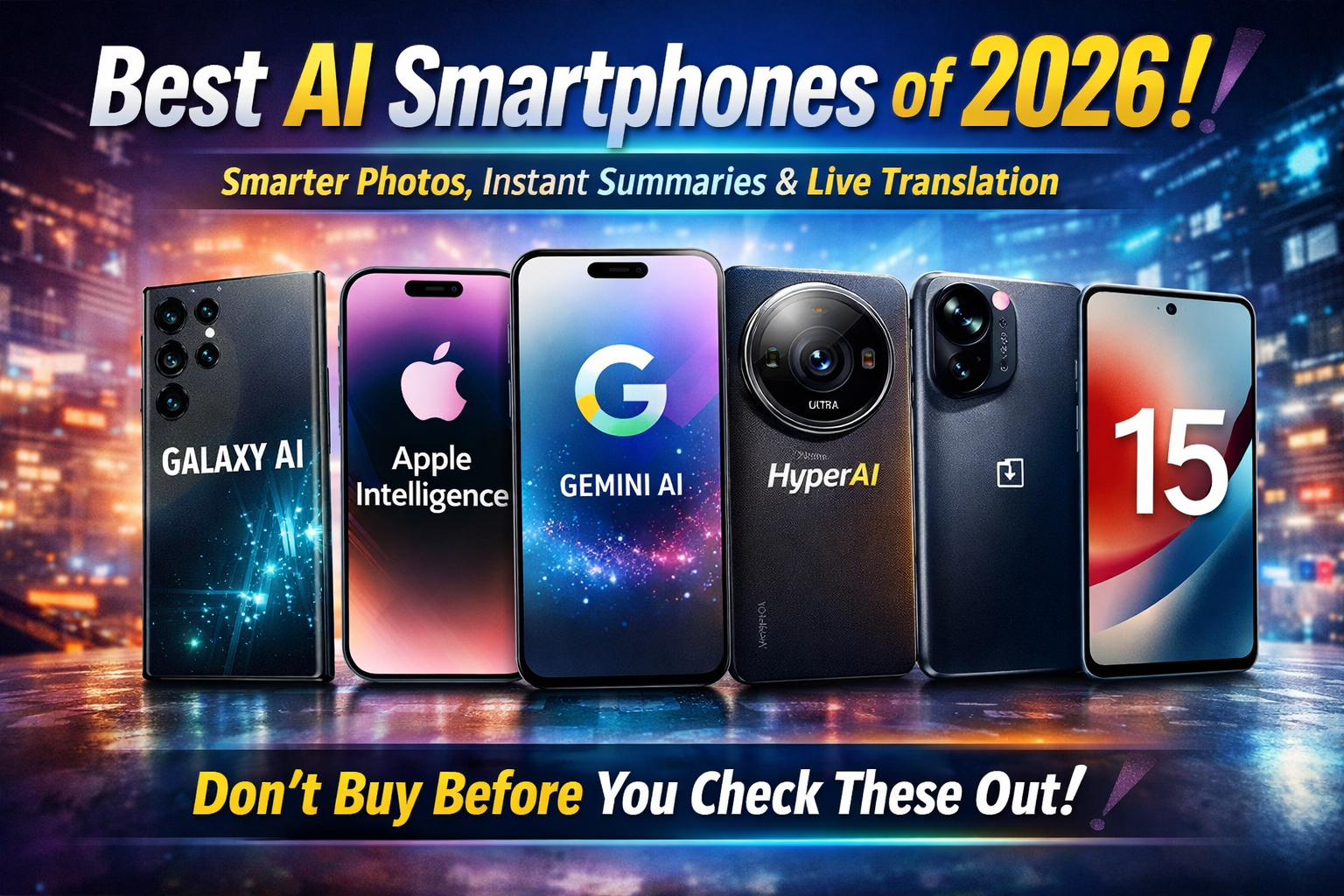 Banner showing the best AI smartphones of 2026 including Galaxy AI, Apple Intelligence, Gemini AI, HyperAI, and OnePlus 15 with tagline “Don’t Buy Before You Check These Out”