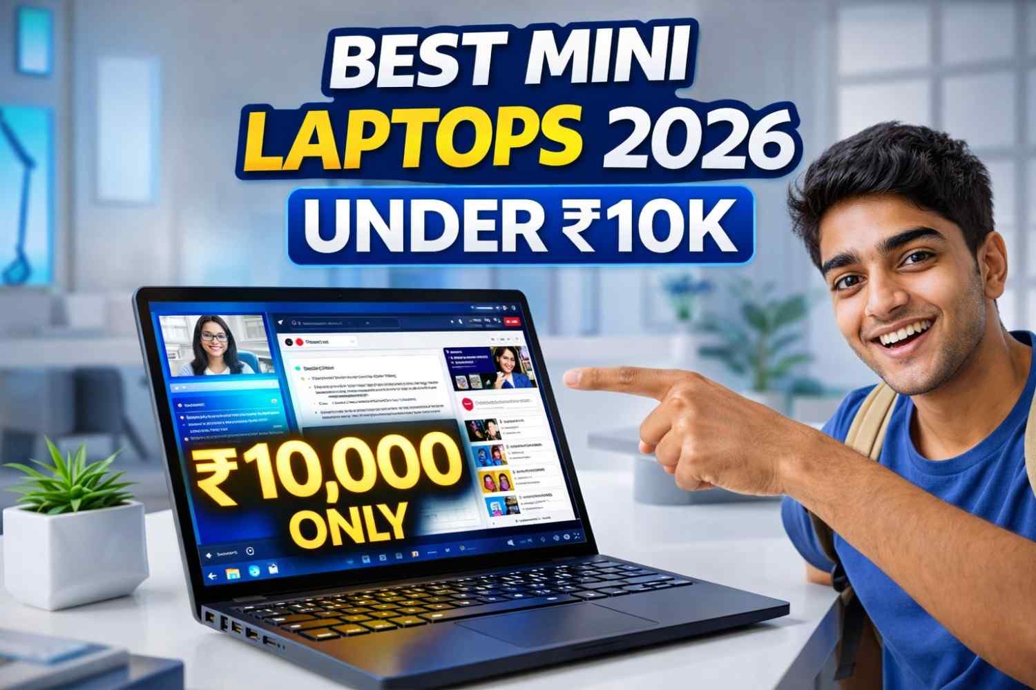 student showing best mini laptops under ₹10000 in India 2026 with budget laptop and price highlight
