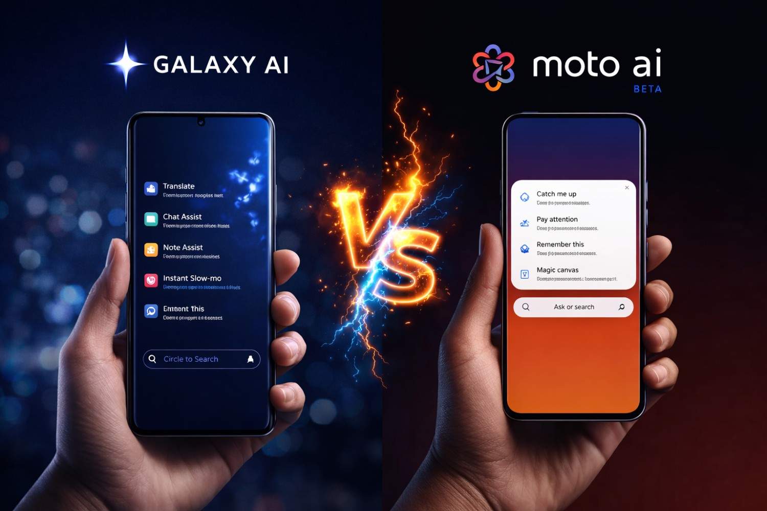 Moto AI vs Galaxy AI comparison showing both smartphone AI interfaces with a glowing VS symbol highlighting differences in features, performance, and usability