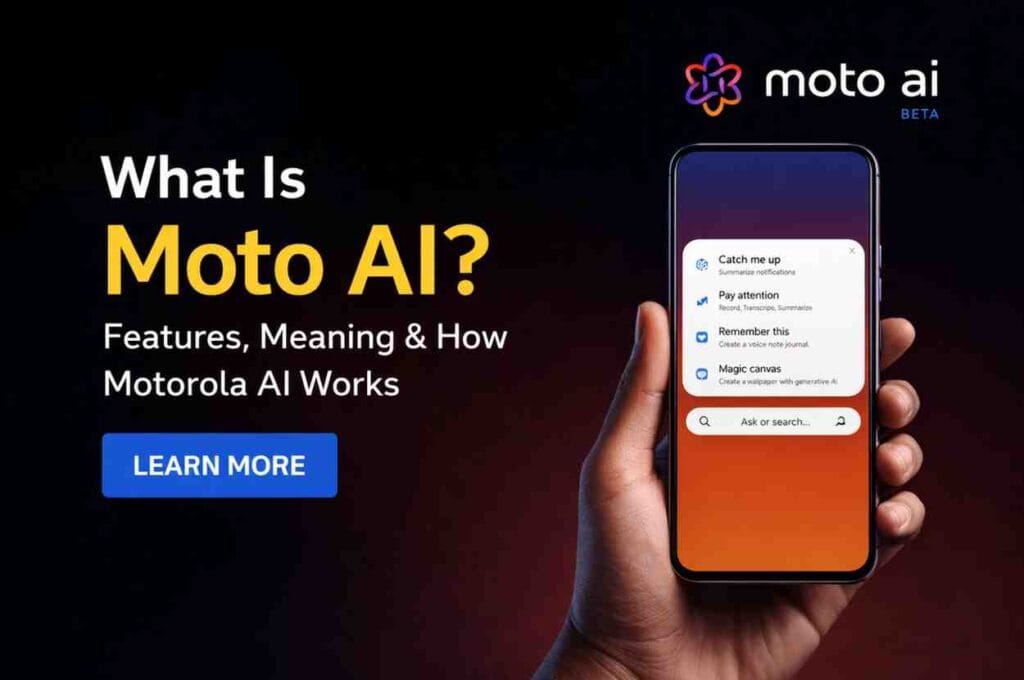 Moto AI banner showing Motorola smartphone with AI features like catch me up, pay attention, and smart assistant tools