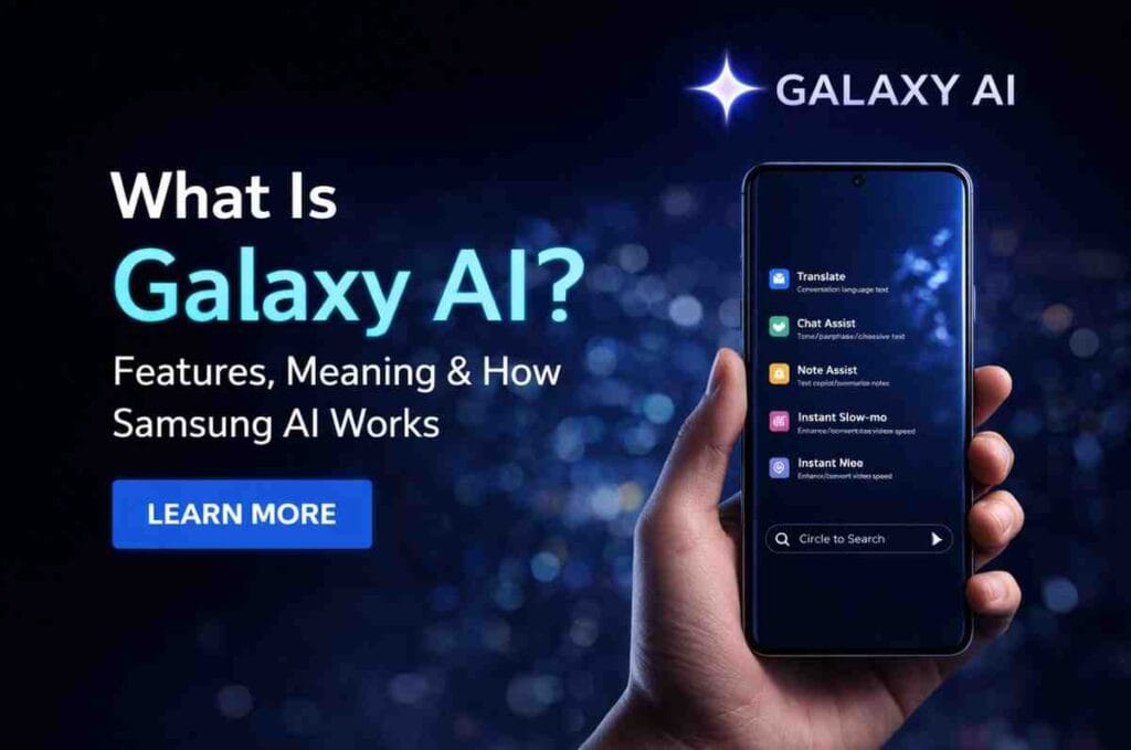 Galaxy AI banner showing Samsung smartphone with AI features like live translate, chat assist, note assist, and circle to search