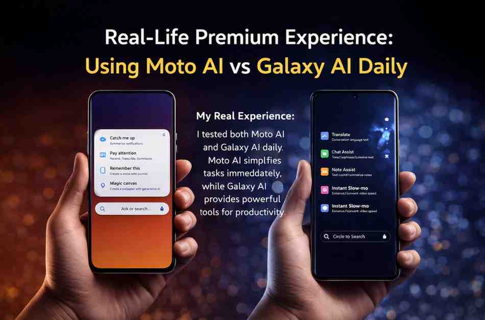 Moto AI vs Galaxy AI real experience comparison showing two smartphones with AI features and daily usage insights