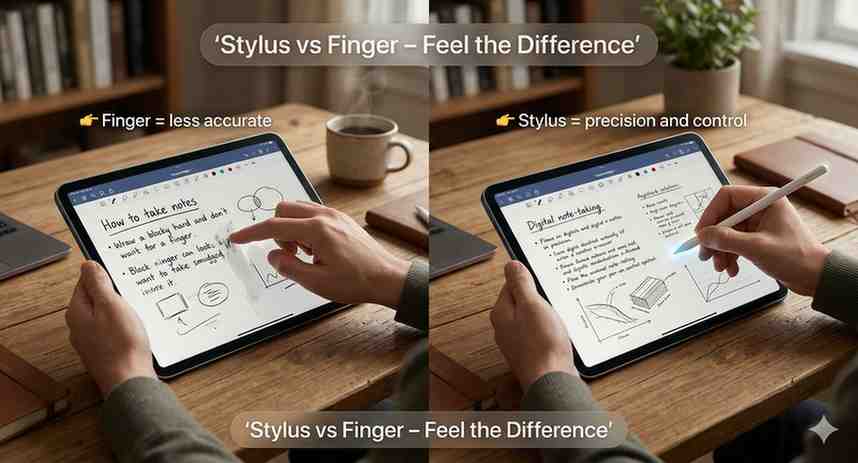 Best Stylus Pen for iPad 11th Generation (2026 Guide) real world stylus use on iPad 11th generation showing smooth writing with stylus vs less accurate finger input for note taking and drawing