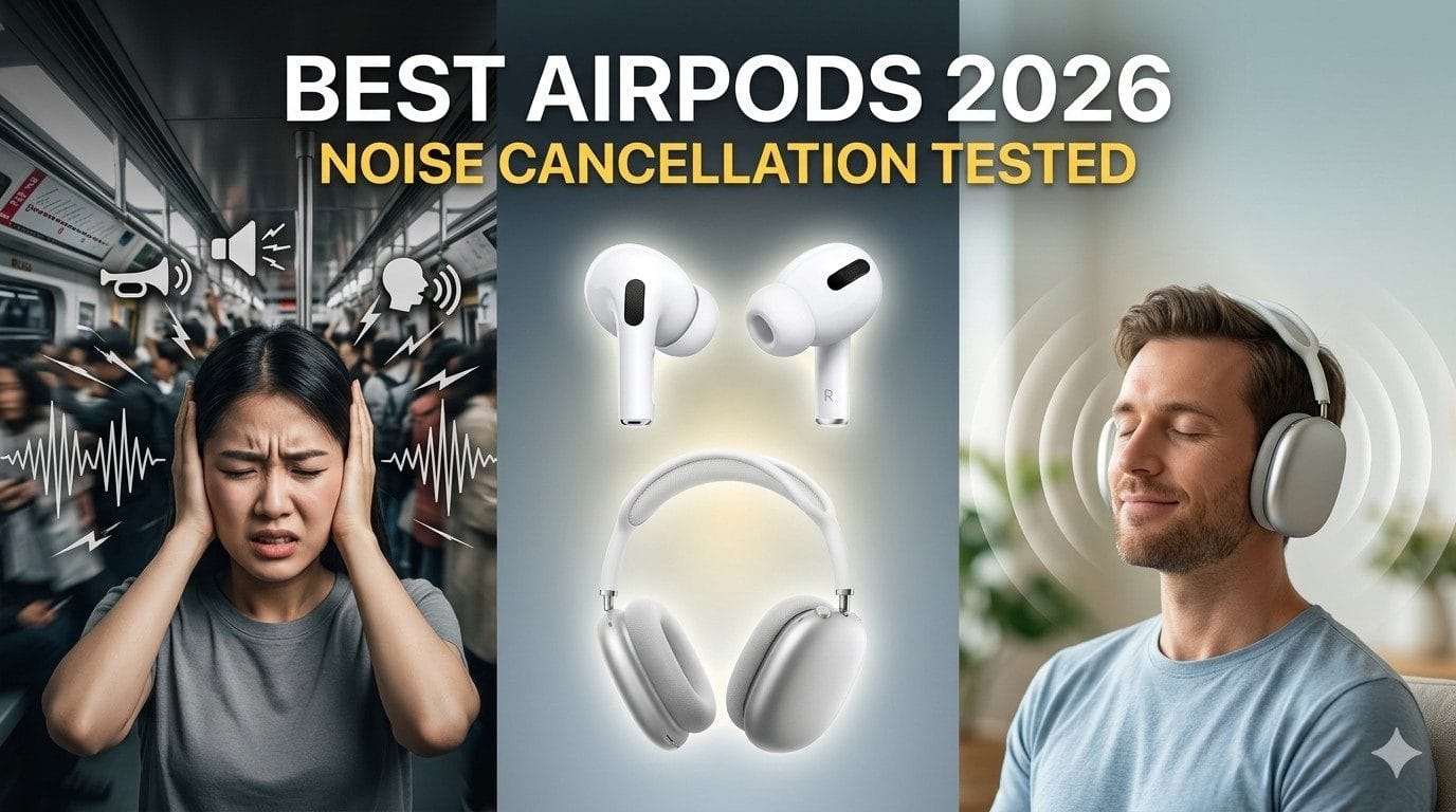 best airpods with noise cancellation 2026 comparison showing noisy environment versus calm listening experience with active noise cancelling earbuds