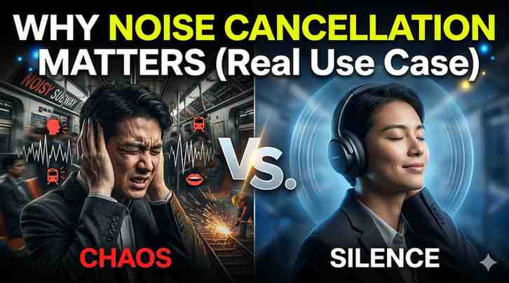 Best AirPods with Noise Cancellation (2026 Guide) comparison showing noisy subway environment versus peaceful listening experience with noise cancelling headphones highlighting benefits of active noise cancellation