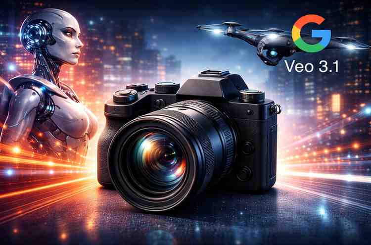 OpenAI Sora Shutdown? 8 Best AI Video Generator Alternatives You Must Try in 2026 Google Veo 3.1 AI video generator concept image showing professional camera, futuristic robot, and drone representing realistic AI video production