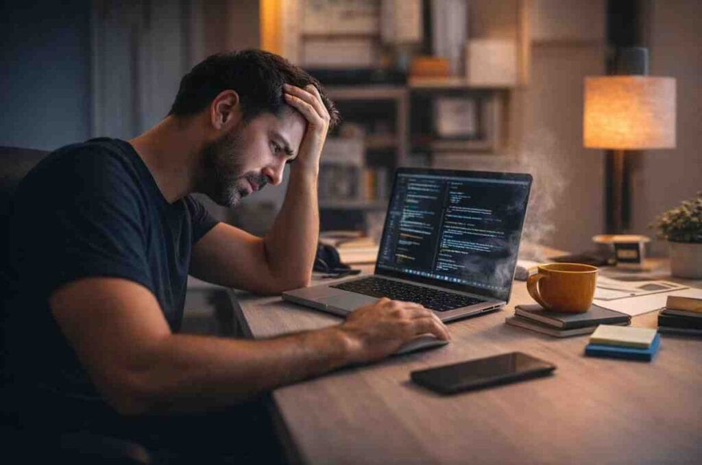 Best Laptop for Coding and Programming (2026 Guide) developer frustrated with slow laptop while coding at night