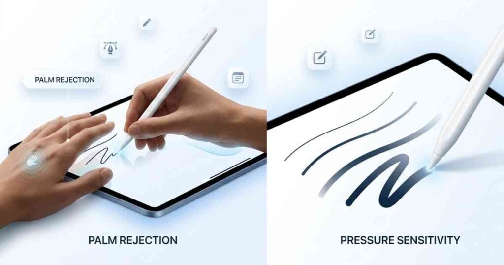 Best Stylus Pen for iPad 11th Generation (2026 Guide) palm rejection and pressure sensitivity demo on iPad stylus showing hand resting on screen and variable stroke thickness for drawing and writing