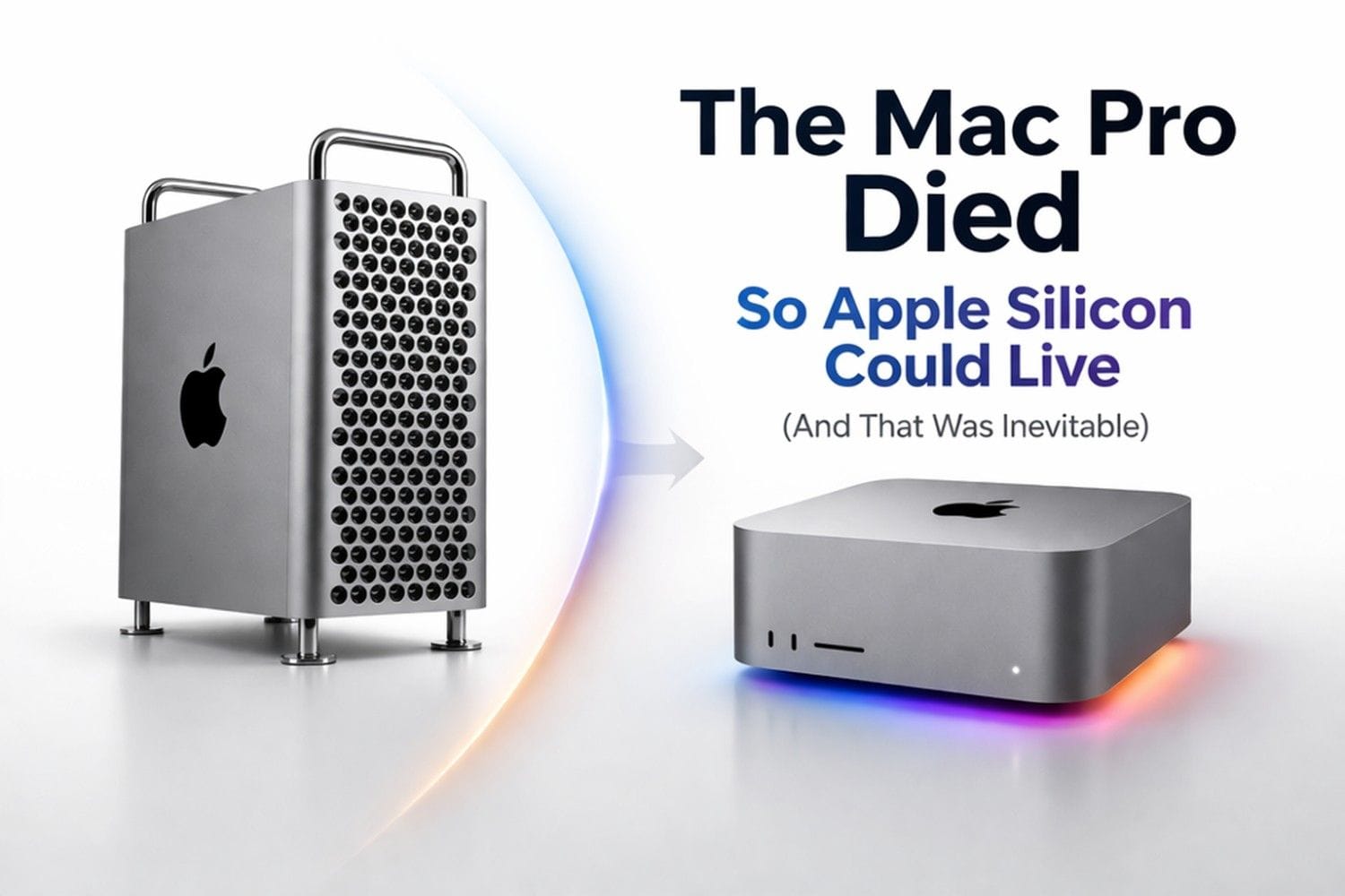 Mac Pro and Apple Silicon Mac side by side showing transition from old modular system to modern compact design