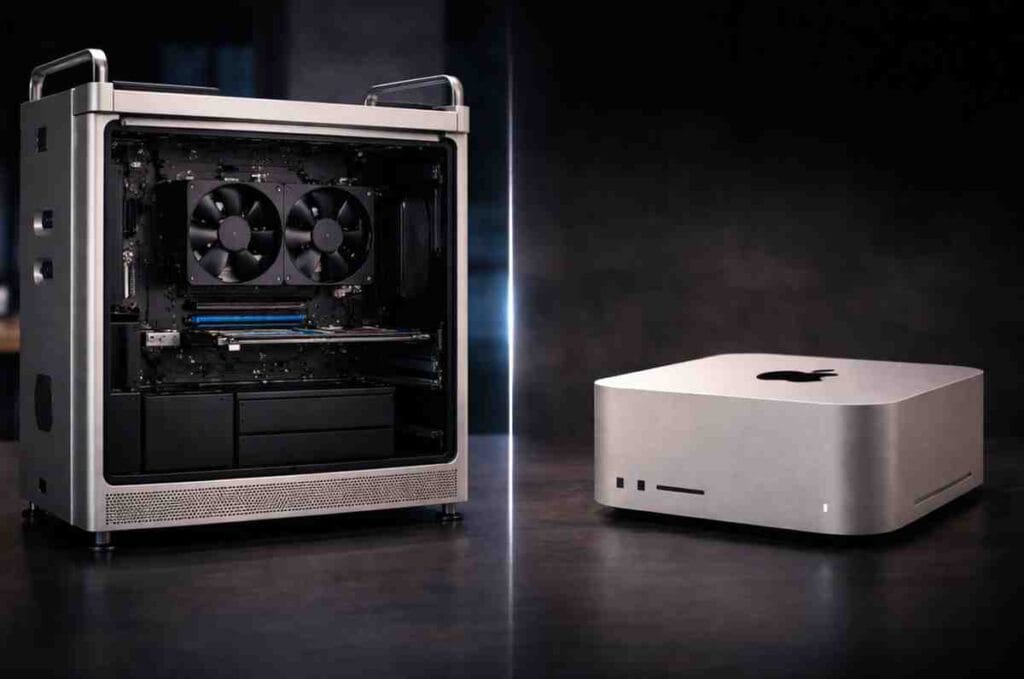 The Mac Pro Died So Apple Silicon Could Live (And That Was Inevitable) Side by side comparison of traditional Mac Pro modular hardware and compact Apple Silicon Mac showing integration vs expansion