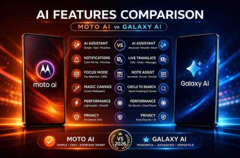 Moto AI vs Galaxy AI features comparison showing key differences like AI assistant, live translate, note assist, and performance tools