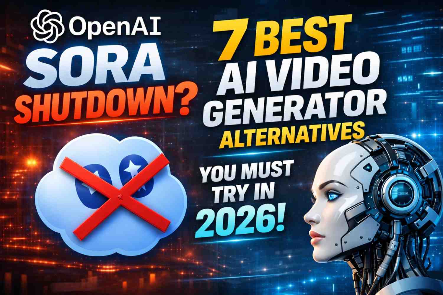 OpenAI Sora shutdown thumbnail showing AI video generator alternatives in 2026 with futuristic robot and crossed Sora logo