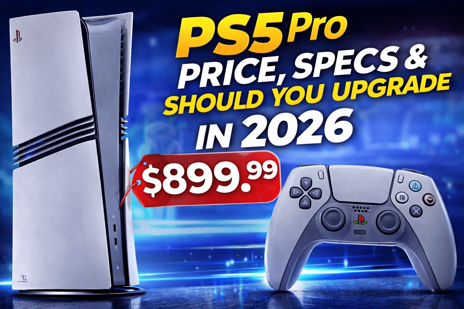 A promotional graphic featuring a PlayStation 5 Pro console with a 30th Anniversary retro color scheme, a DualSense controller, and a large red price tag reading "$899.99" against a blue background