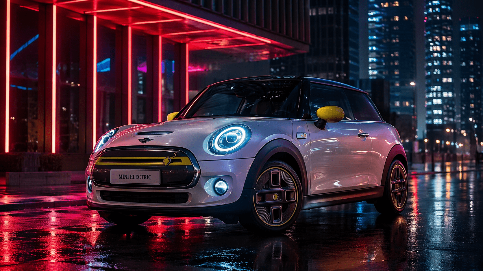 White MINI Electric Cooper parked on neon city street with colorful reflections at night