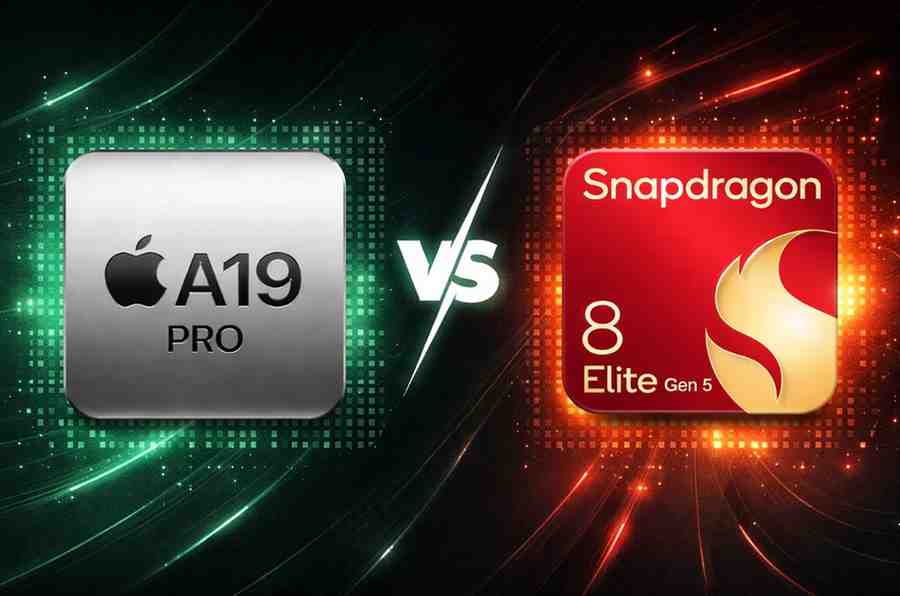 Apple A19 Pro vs Snapdragon 8 Elite Gen 5 performance comparison showing two flagship smartphone processors with futuristic background and VS graphic