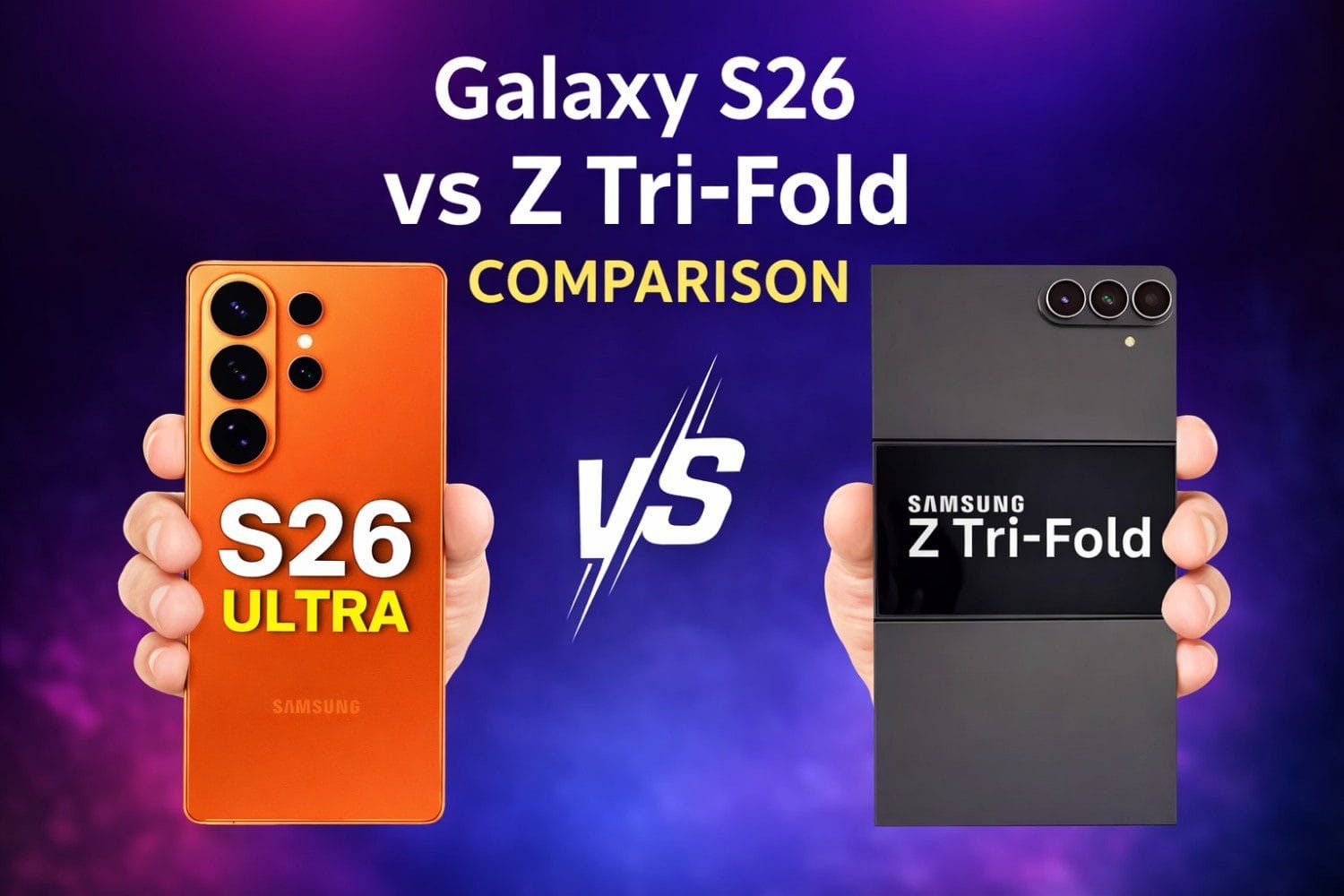 Samsung Galaxy S26 vs Z Tri-Fold comparison showing design, camera, and foldable display differences