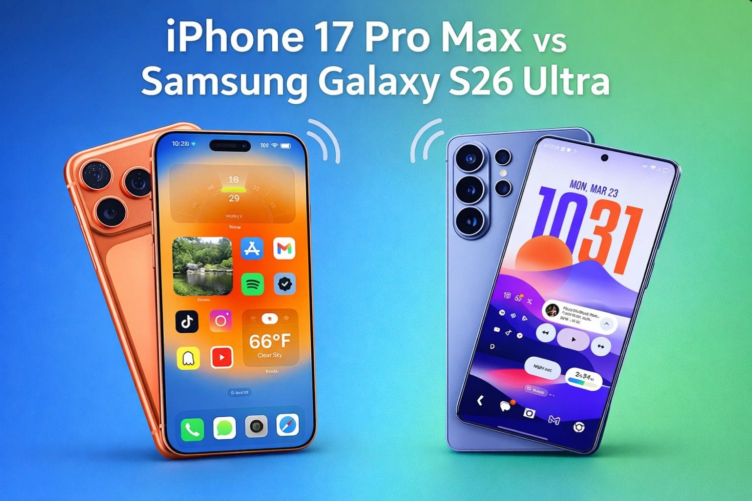 iPhone 17 Pro Max vs Samsung Galaxy S26 Ultra side by side comparison thumbnail with clean professional design