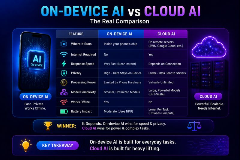 On-device AI vs cloud AI comparison chart showing differences in speed, privacy, processing power, battery impact, and offline capability