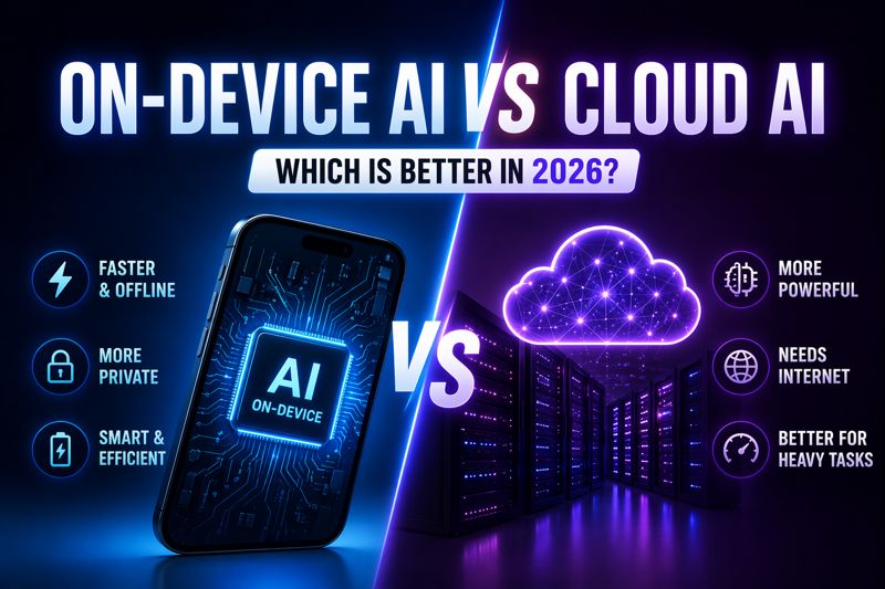 On-device AI vs cloud AI comparison showing smartphone chip vs cloud servers with speed, privacy, and performance differences