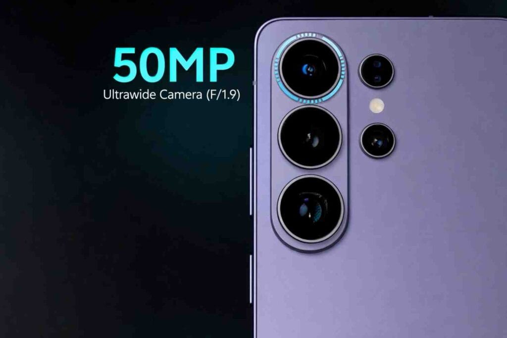 Samsung Galaxy S26 Ultra 50MP ultrawide camera close-up showing multi-lens flagship smartphone design