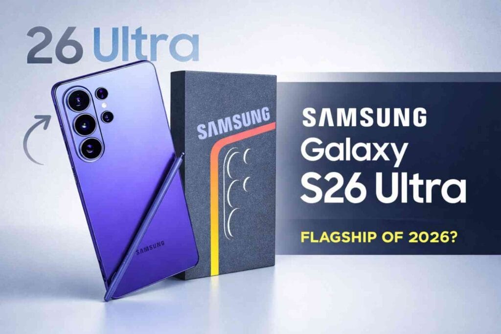 Samsung Galaxy S26 Ultra premium smartphone showing camera design and flagship build in clean professional thumbnail 2026