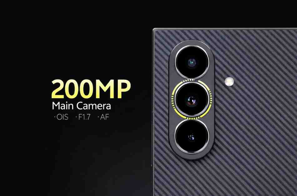 Samsung Galaxy Z Tri-Fold 200MP main camera module close-up showing triple lens foldable phone design