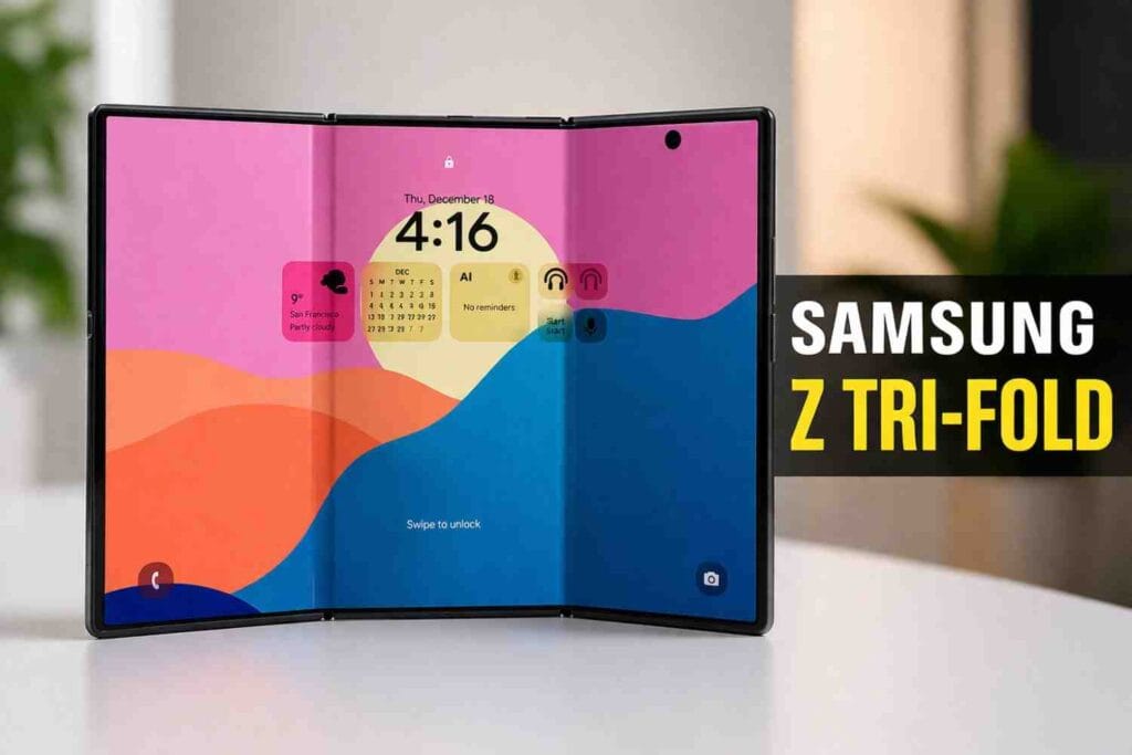 Samsung Galaxy Z Tri-Fold foldable smartphone with triple screen design shown in premium comparison thumbnail 2026