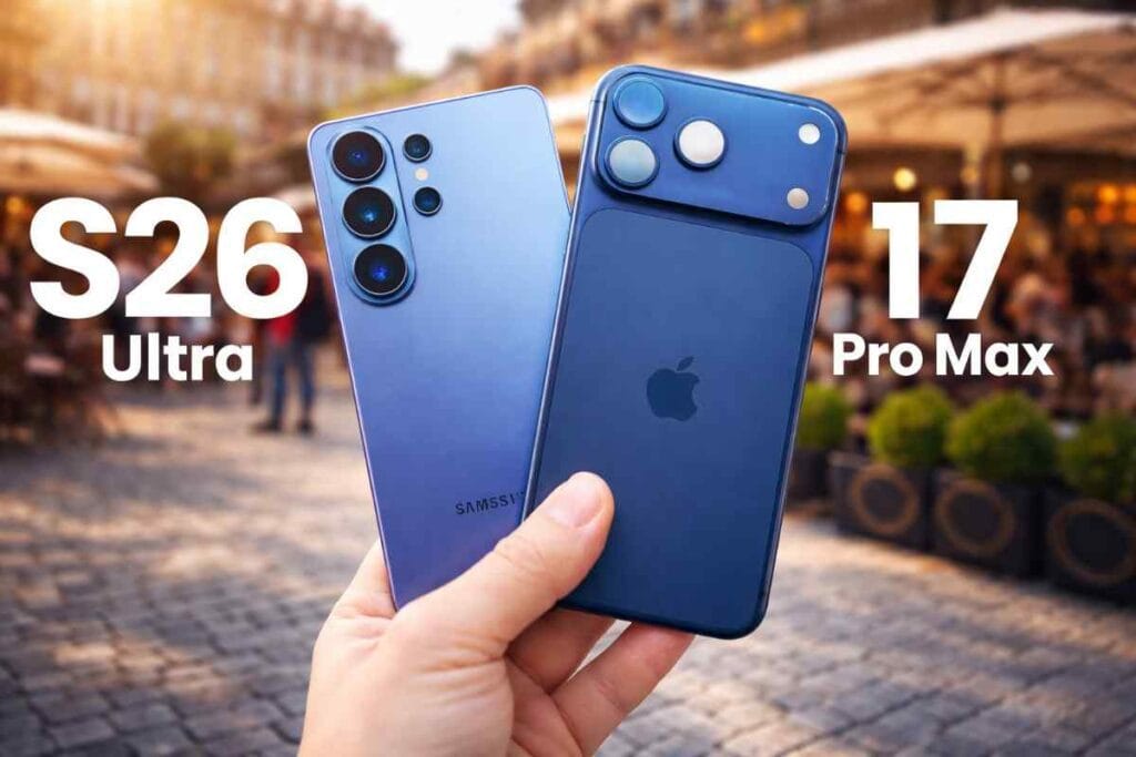 Samsung Galaxy S26 Ultra and iPhone 17 Pro Max held side by side in hand with clean blurred city background showing premium smartphone comparison
