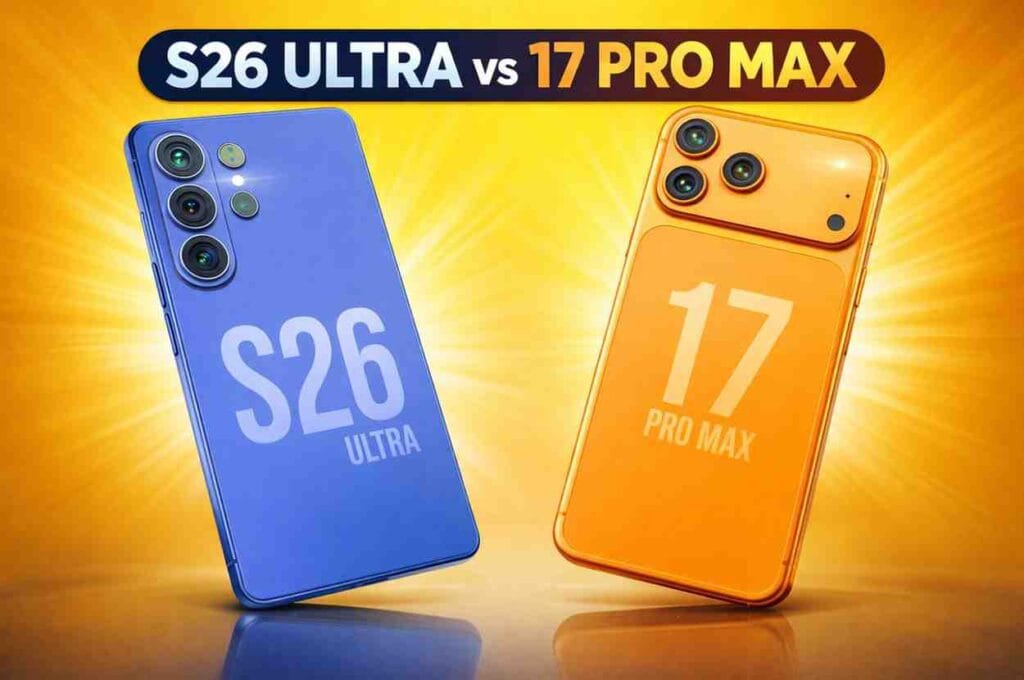 Samsung S26 Ultra and iPhone 17 Pro Max comparison image with both smartphones side by side on a bright background