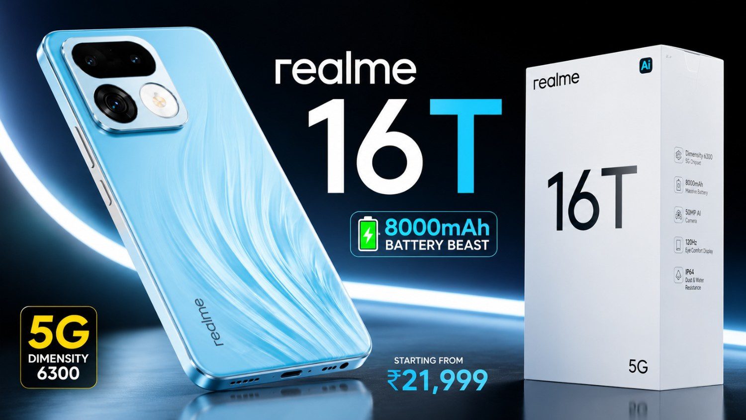 Premium Realme 16T 5G thumbnail with smartphone render, retail box, and glowing dark background