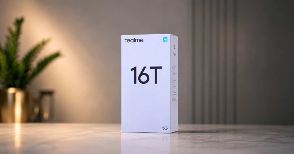 Realme 16T Full Review: Massive 8000mAh Battery, Camera, Gaming and Performance Tested Realme 16T smartphone retail box with clean premium background and soft bokeh lighting
