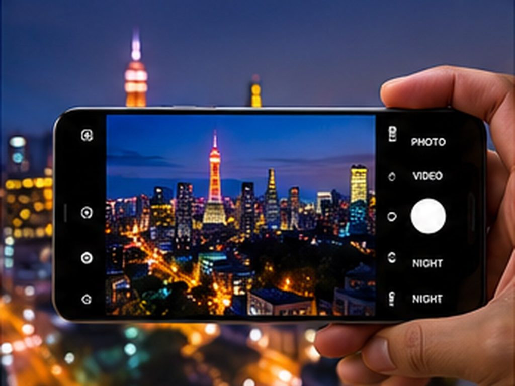 Best Android Phone With Good Camera and Storage (2026 Guide) A smartphone capturing a city scene at night