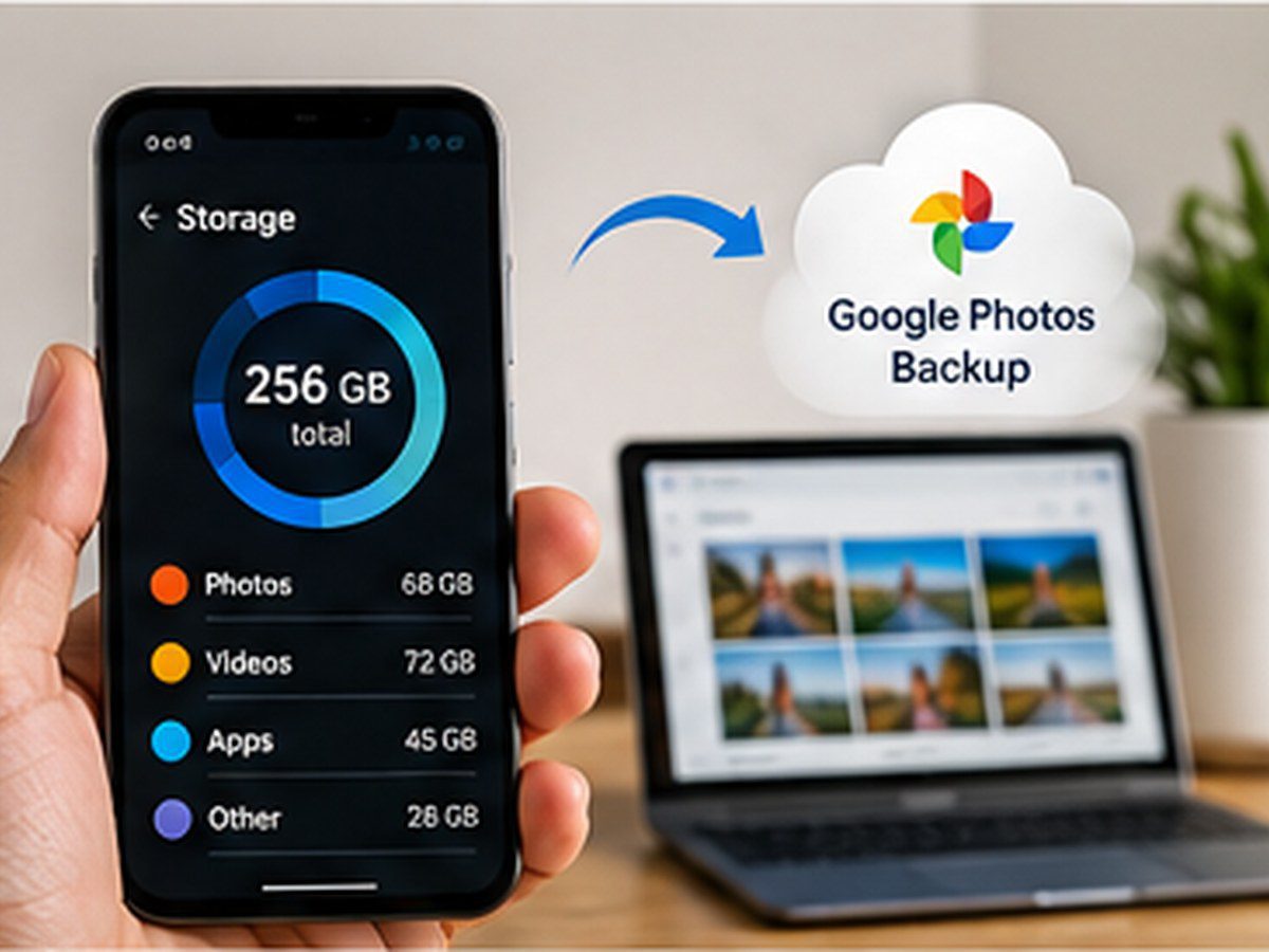 Best Android Phone With Good Camera and Storage (2026 Guide) Smartphone storage categories with photos backed up to cloud storage