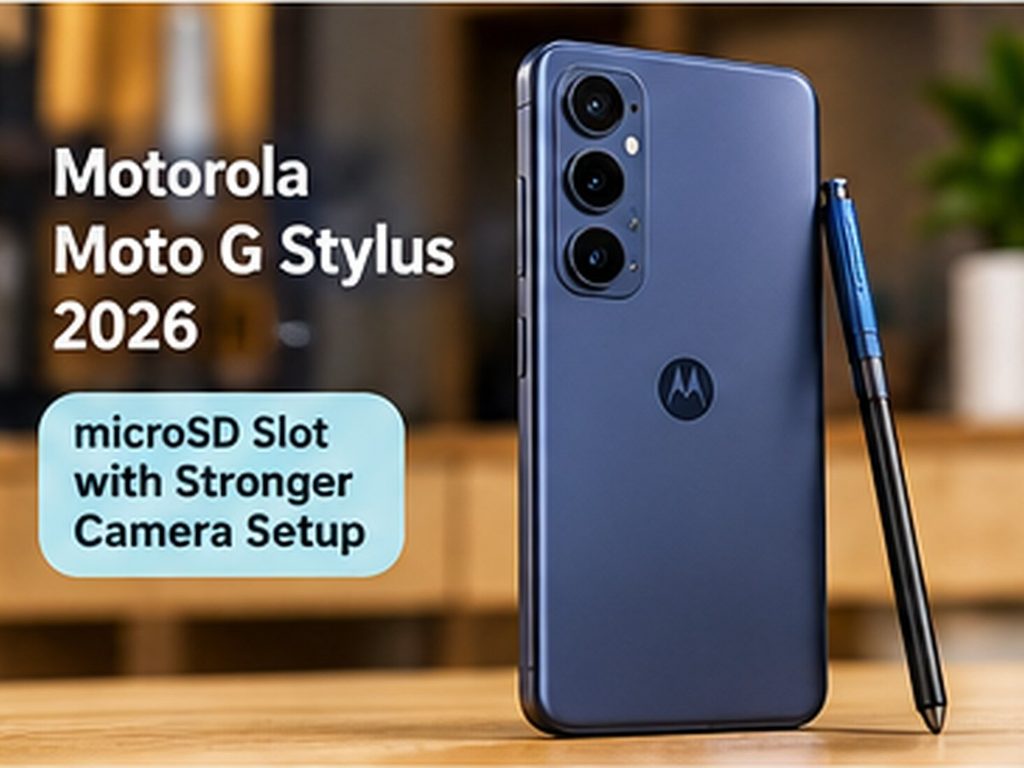 Best Android Phone With Good Camera and Storage (2026 Guide) Motorola-style smartphone with a stylus and rear camera system